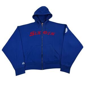 Vintage Sixers Philadelphia NBA Basketball Blue Zip Majestic Hoodie Size 2XL
